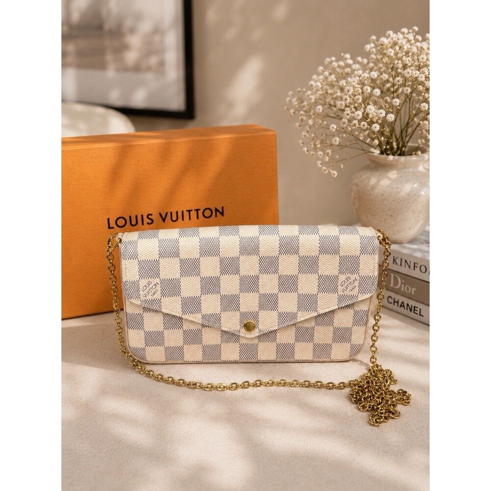 Authentic Louis Vuitton Damier Azur Pochette Felicie Bag With pink interior